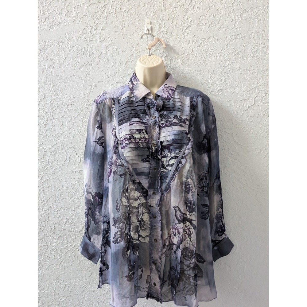 Pilcro Button Down Shirt Women XS Viscose Purple Floral Pintuck Ruffle Blouse